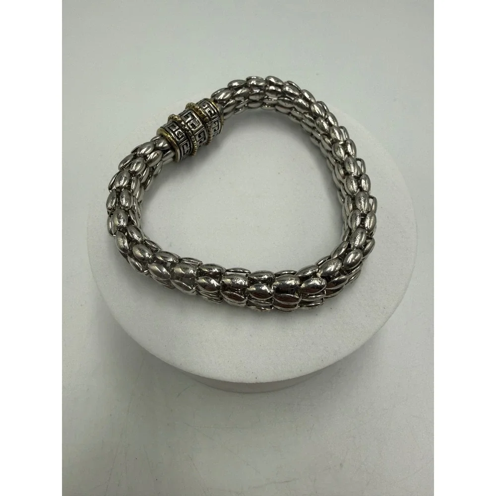 Greek Key Magnetic Clasp Popcorn Chain Bracelet Silver Gold Tone‎ Mixed Metal